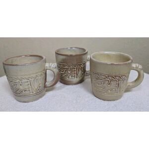 3 Vintage Frankoma Pottery Coffee Mugs 7C Mayan Aztec Desert Sand Glaze Cups